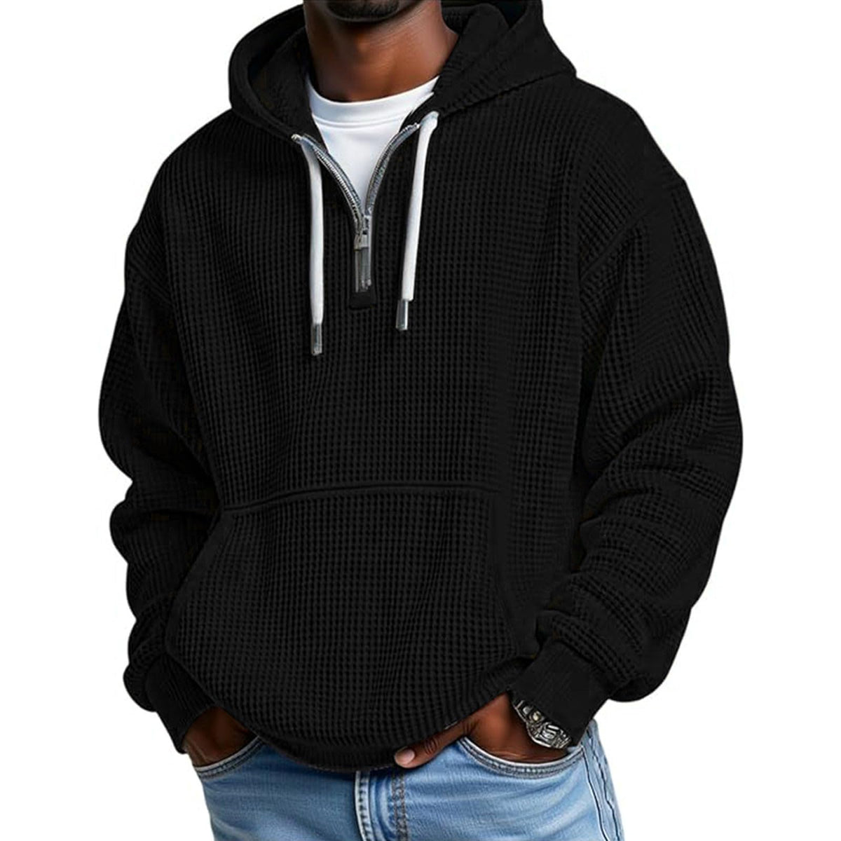 Hoodies for Men Waffle Quarter Zip Pullover Oversized Sweatshirt