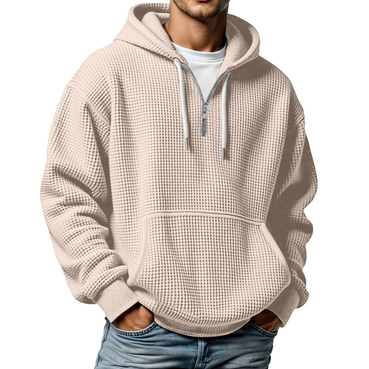 Quarter Zip Pullover Men Waffle Knit Hoodie Casual Long Sleeve Drop Shoulder Sweatshirt Fashion Loose Pullover