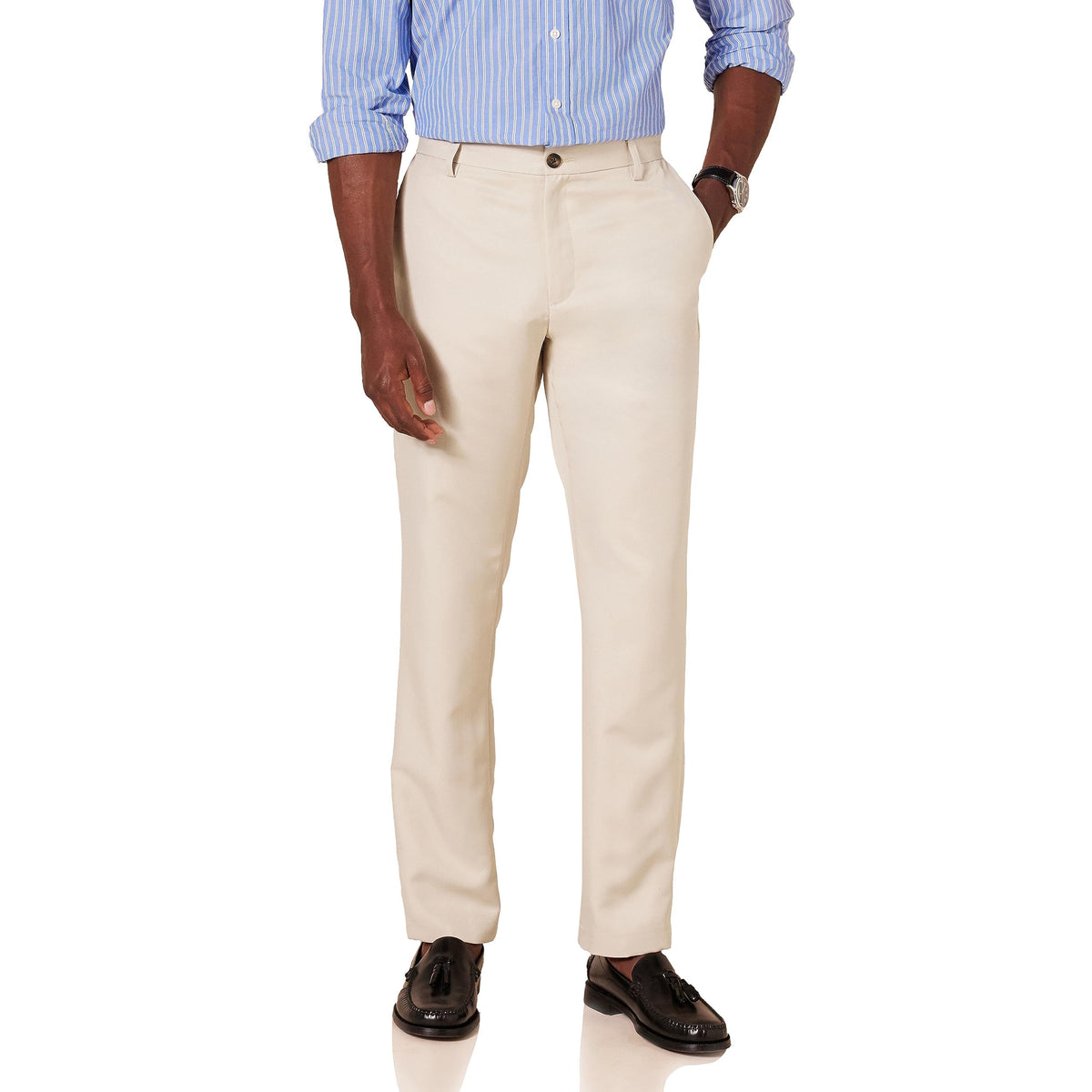 Amazon Essentials Men's Slim-Fit Flat-Front Dress Pants, Straight Leg, Polyester, Stone