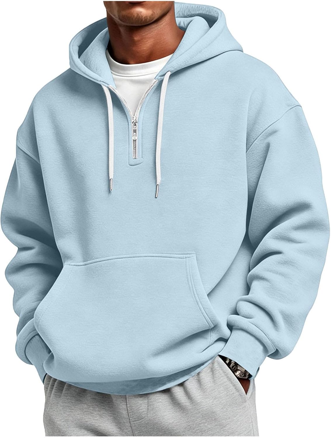 Men's Quarter Zip Hoodies Oversized Solid Pullover With Kangaroo Pocket