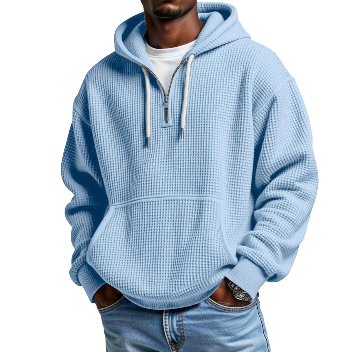 Waffle Knit Hoodie Men Quarter Zip Hoodie Men Comfort Pullover Fitness Long Sleeve Streetwear Sweatshirt