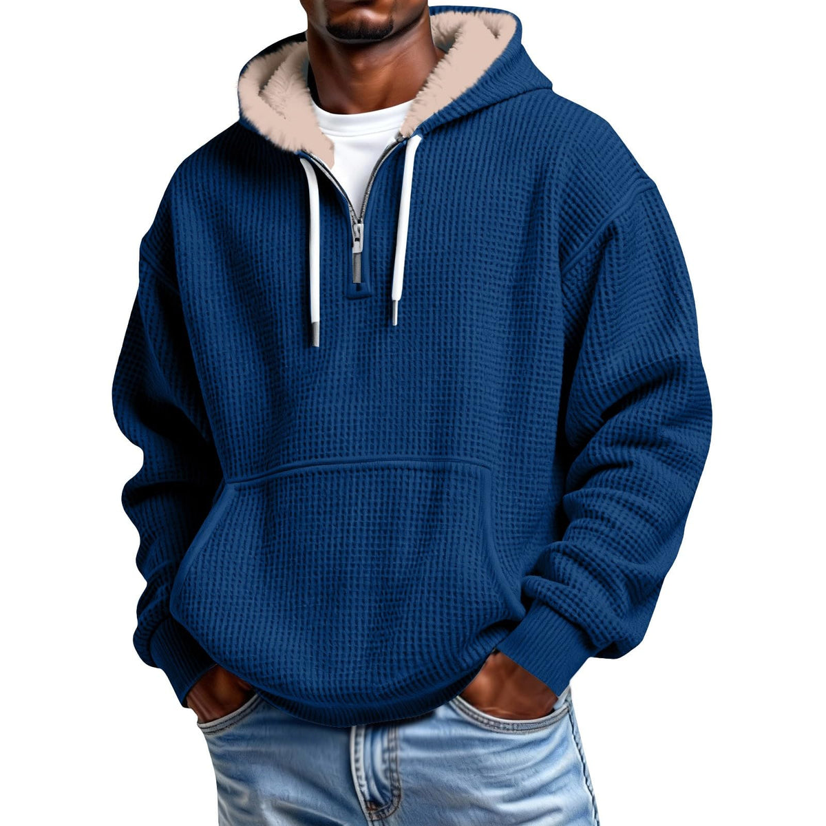 Mens Hoodies Pullover Quarter Zip Casaul Long Sleeve Drawstring Waffle Knit Hooded Sweatshirt with Pocket