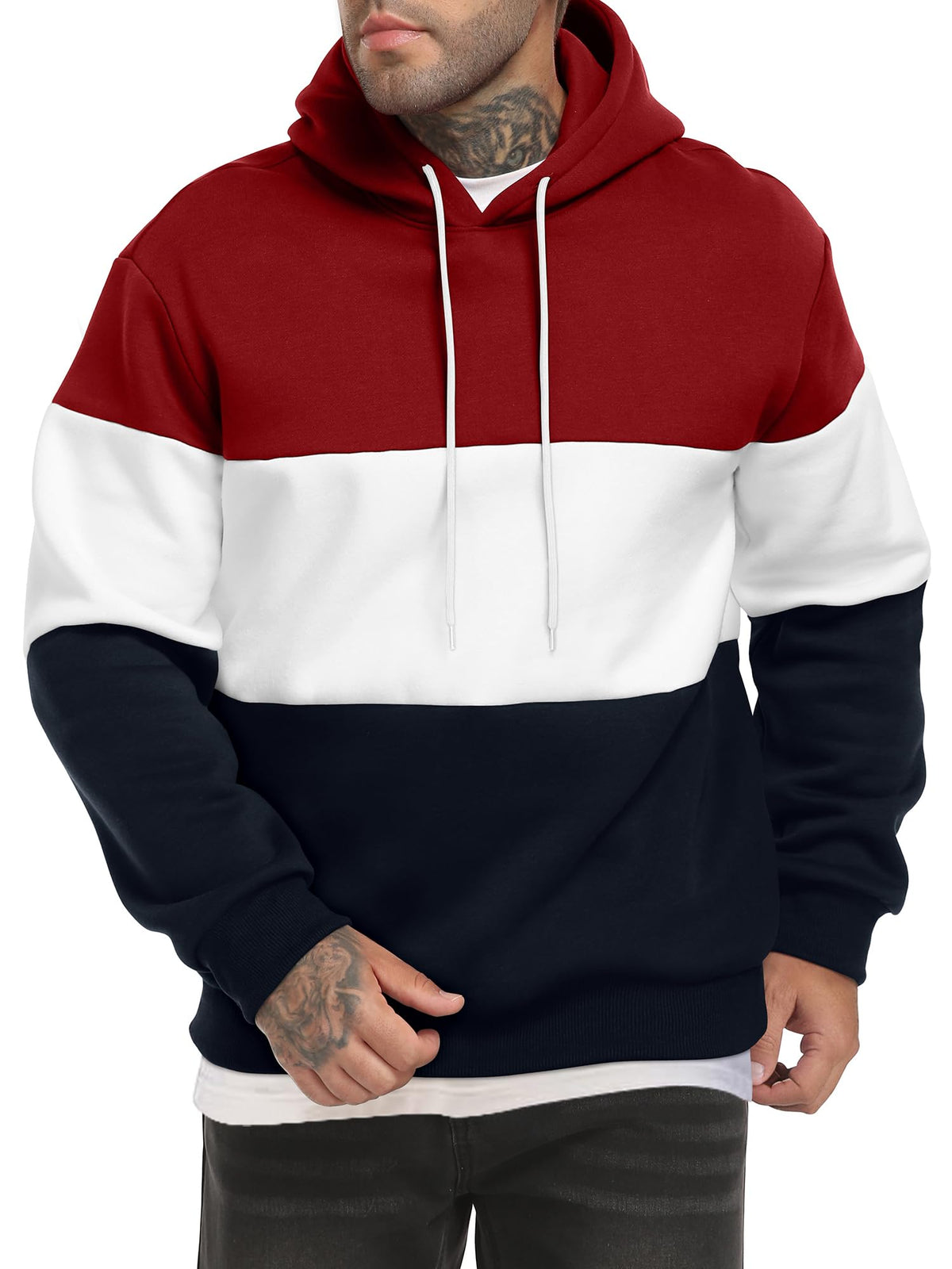Men's Color Block Hoodies Long Sleeve Hooded Sweatshirt Pullover