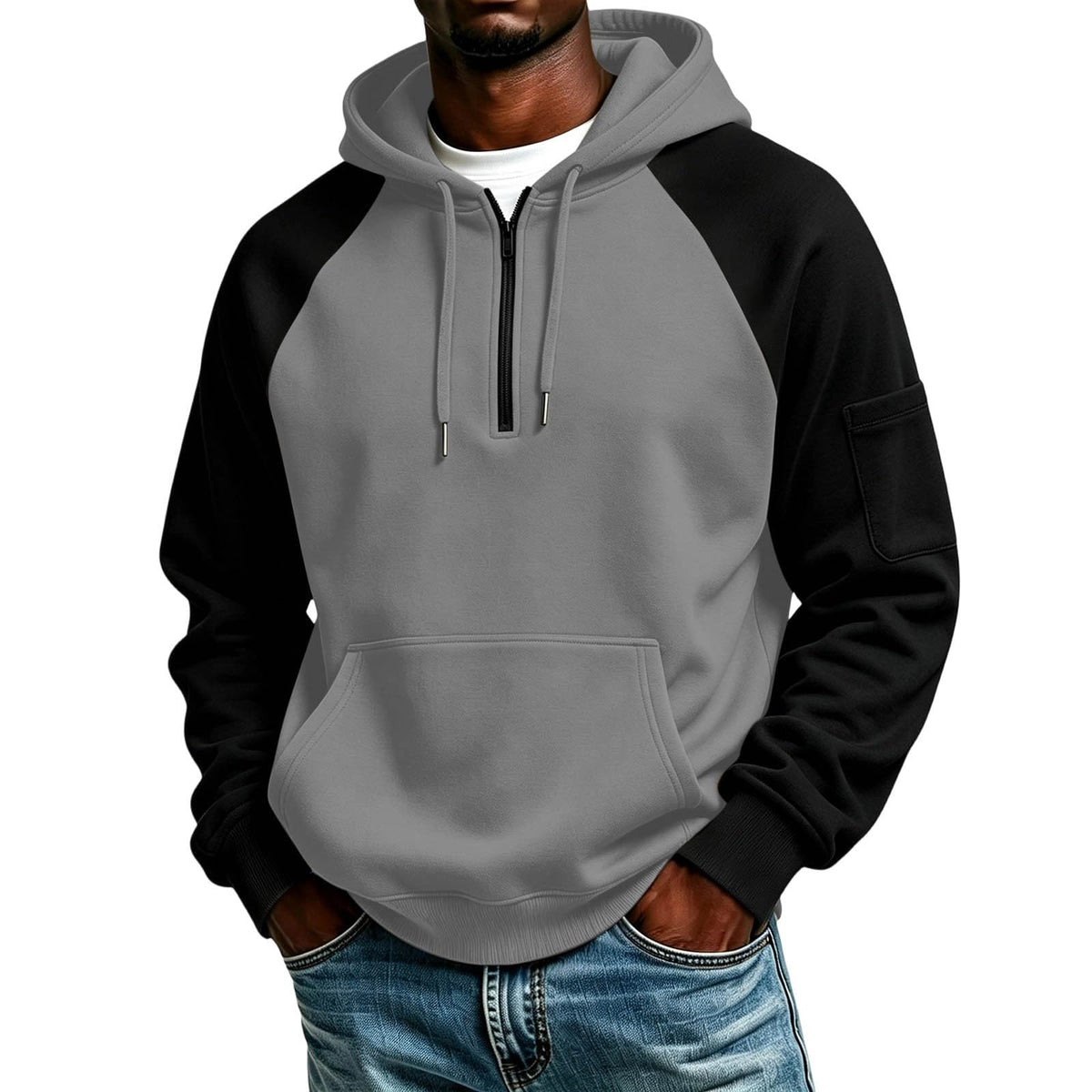 Quarter Zip Hoodies for Men Contrast Kangaroo Pocket Sweatshirt