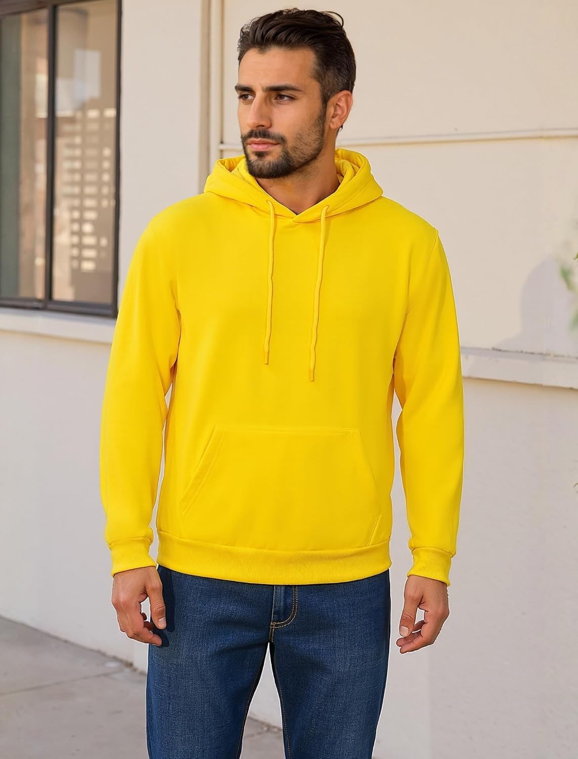 Mens Hoodies Pullover Midweight Fashion Long Sleeve Casual Hooded Sweatshirt Solid Color Fleece-Lined Hoodie