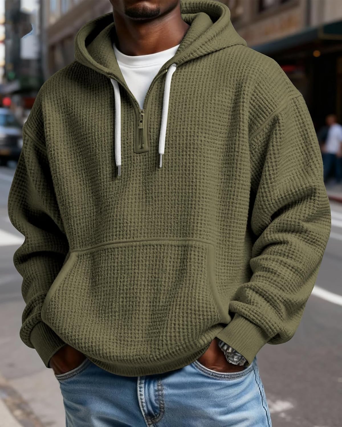 Men's Quarter Zip Waffle Hoodie Casual Pullover Sweatshirt