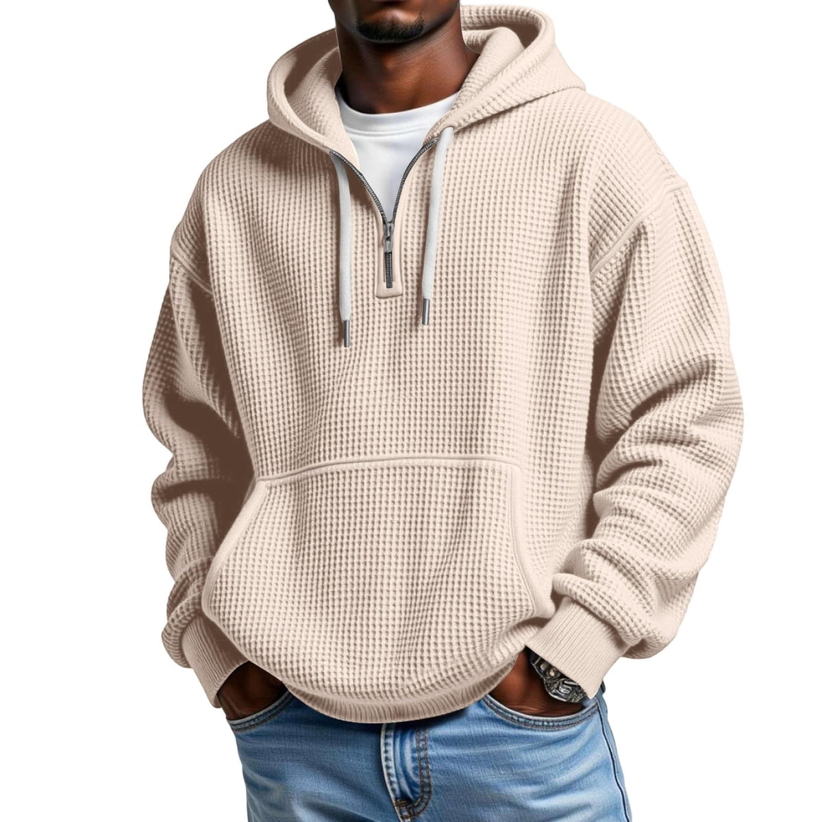 Waffle Knit Hoodie Men Quarter Zip Hoodie Men Comfort Pullover Fitness Long Sleeve Streetwear Sweatshirt