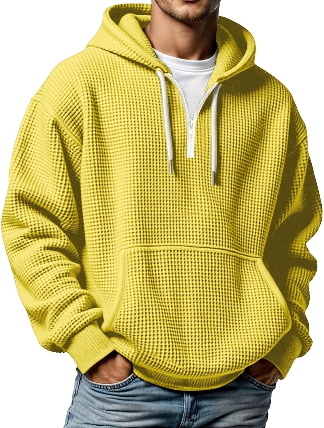 Quarter Zip Pullover Men Waffle Knit Hoodie Casual Long Sleeve Drop Shoulder Sweatshirt Fashion Loose Pullover