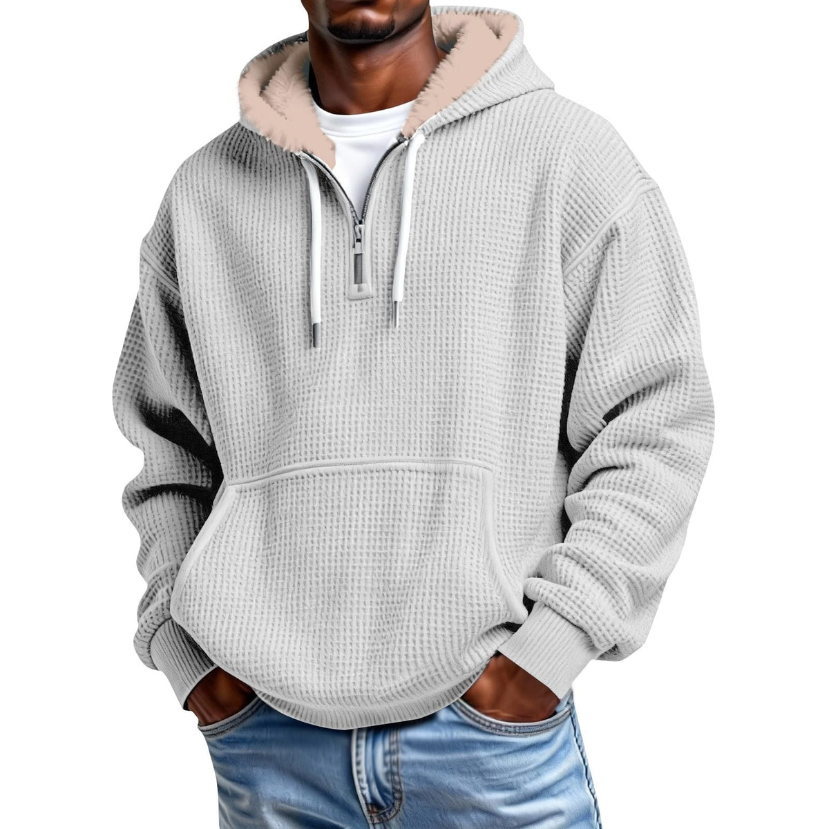 Mens Hoodies Pullover Quarter Zip Casaul Long Sleeve Drawstring Waffle Knit Hooded Sweatshirt with Pocket