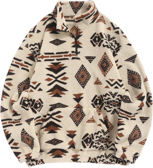 ZAFUL Men 1/4 Zipper Ethnic Aztec Fleece Unisex Winter Sweatshirt Tops 2026