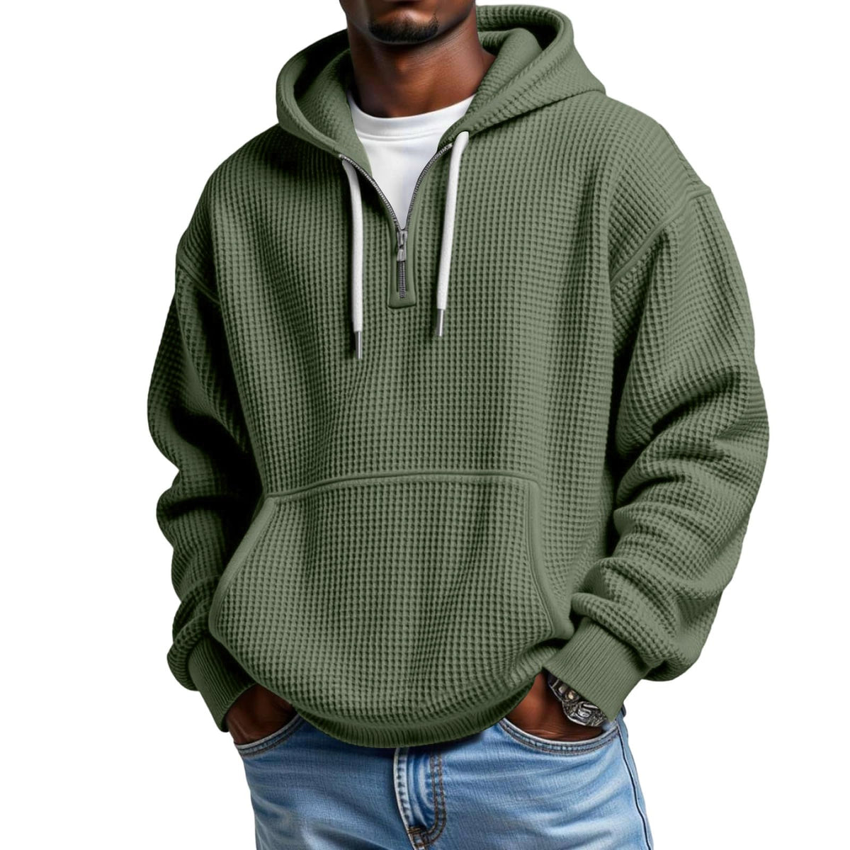 Waffle Knit Hoodie Men Quarter Zip Hoodie Men Comfort Pullover Fitness Long Sleeve Streetwear Sweatshirt