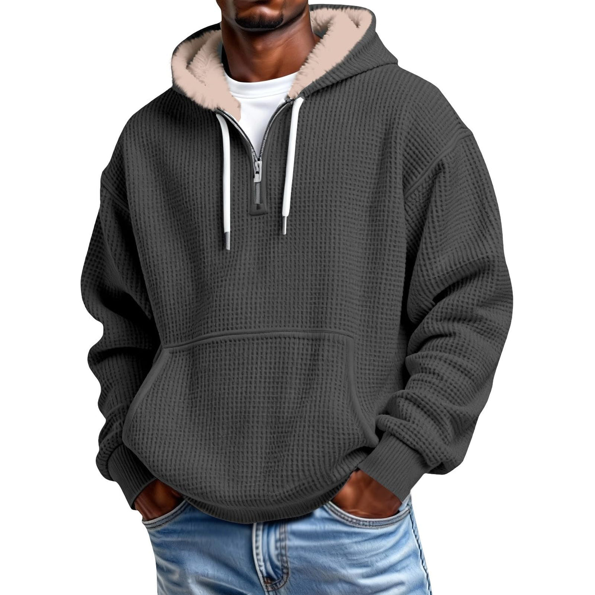 Mens Hoodies Pullover Quarter Zip Casaul Long Sleeve Drawstring Waffle Knit Hooded Sweatshirt with Pocket