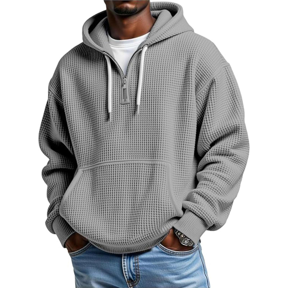 Hoodies for Men Waffle Quarter Zip Pullover Oversized Sweatshirt