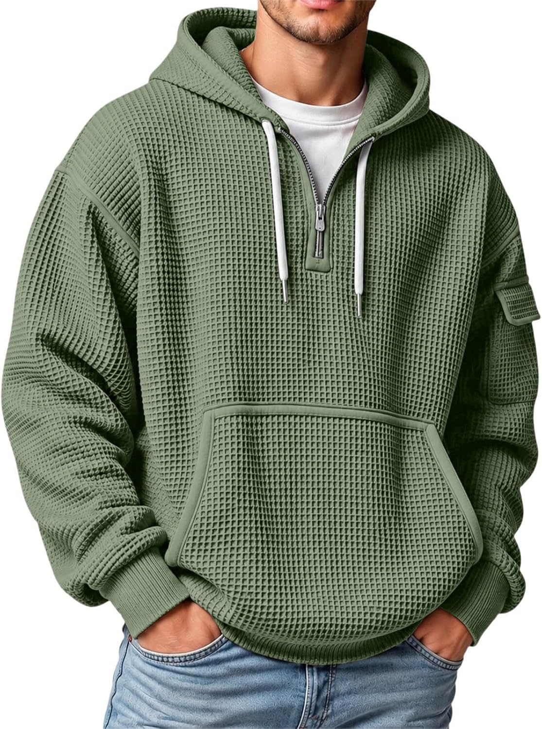 XS-5XL Men's Quarter Zip Hoodies Waffle Knit Pullover Long Sleeve Casual Sweatshirt Loose Fit Tops with Pockets