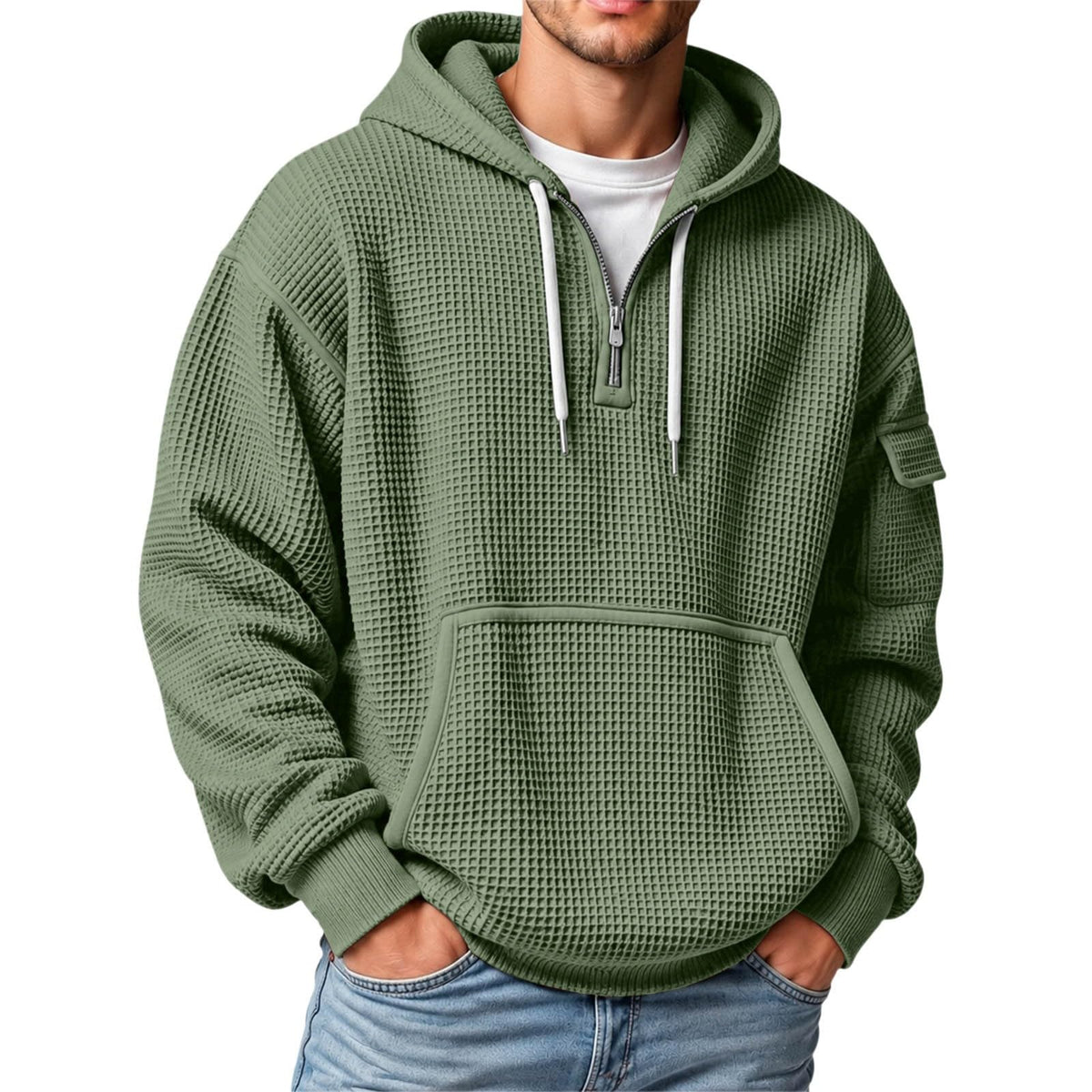 XS-5XL Men's Quarter Zip Hoodies Waffle Knit Pullover Long Sleeve Casual Sweatshirt Loose Fit Tops with Pockets