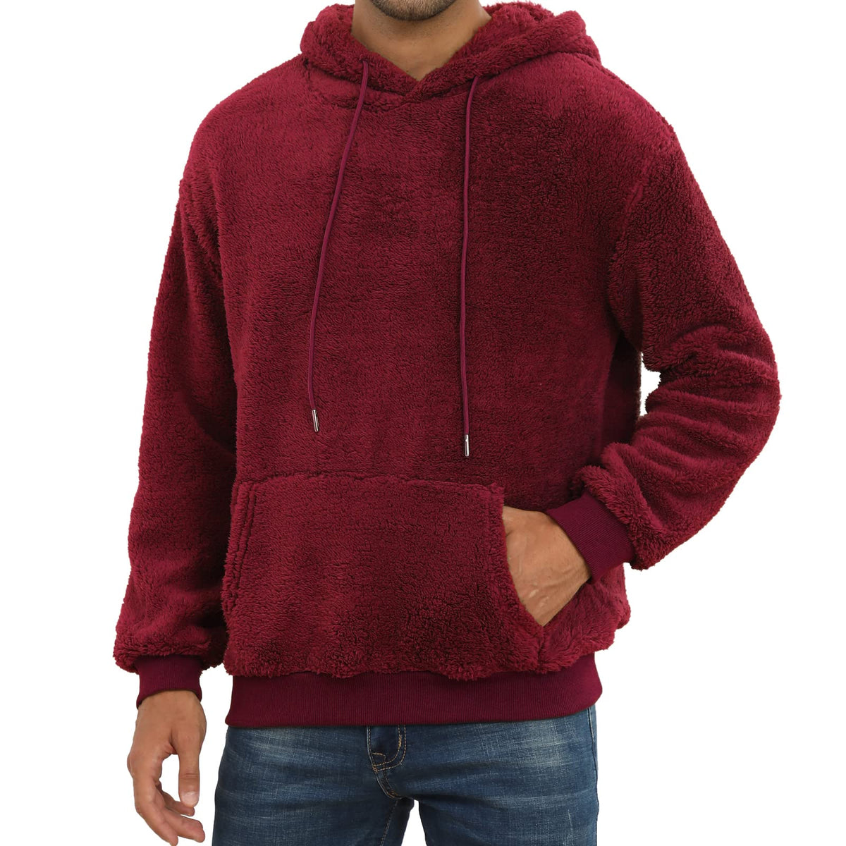 PEGENO Mens Fuzzy Sherpa Hoodie Pullover Sweatshirts Loose Cozy Pocket Long Sleeve Winter Hooded Outwear