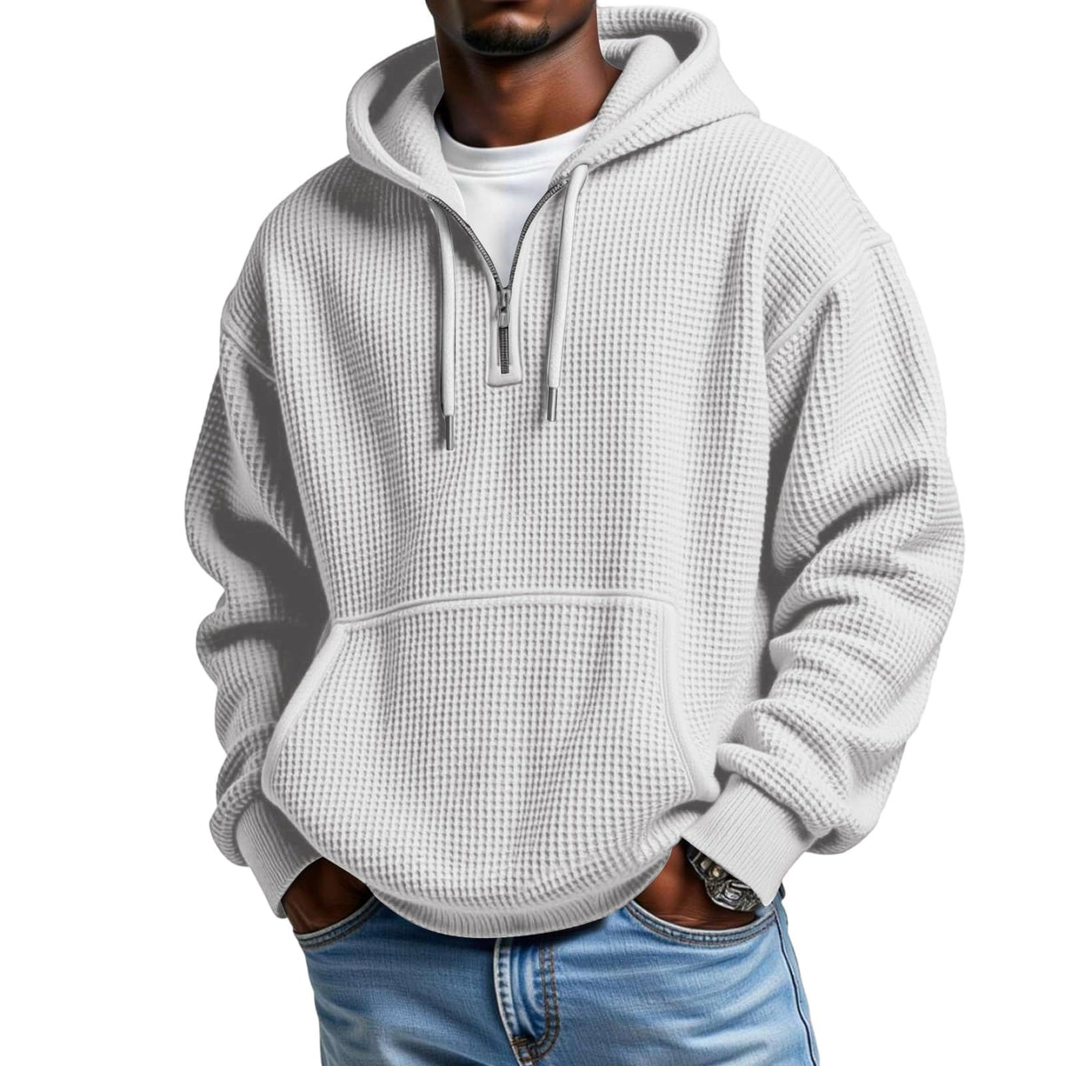 Waffle Knit Hoodie Men Quarter Zip Hoodie Men Comfort Pullover Fitness Long Sleeve Streetwear Sweatshirt