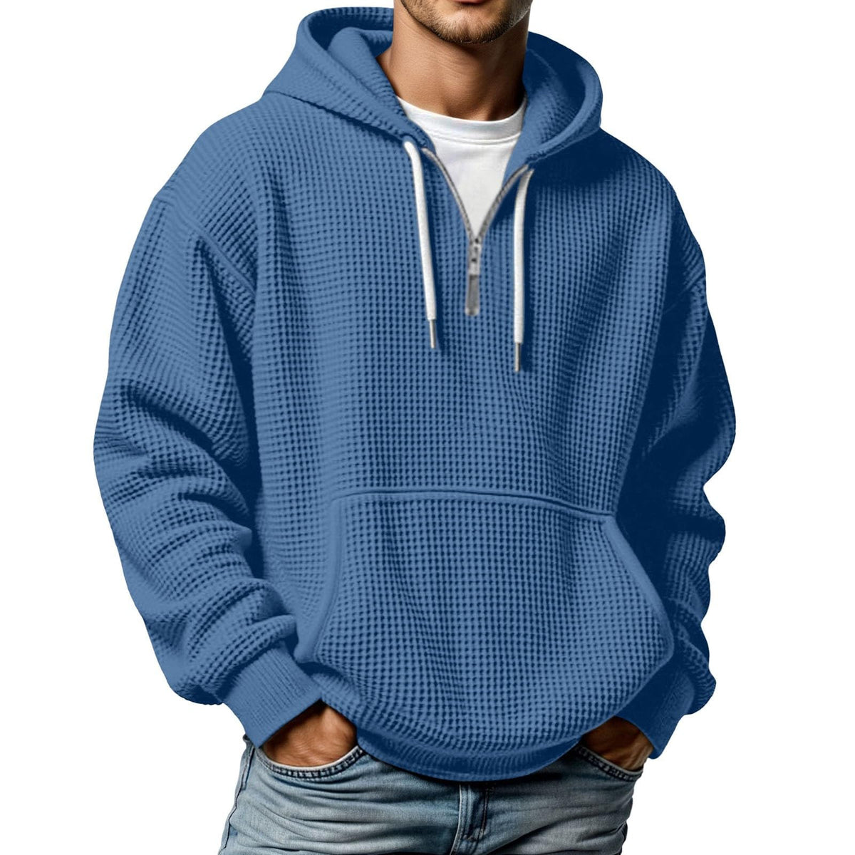 Quarter Zip Pullover Men Waffle Knit Hoodie Casual Long Sleeve Drop Shoulder Sweatshirt Fashion Loose Pullover