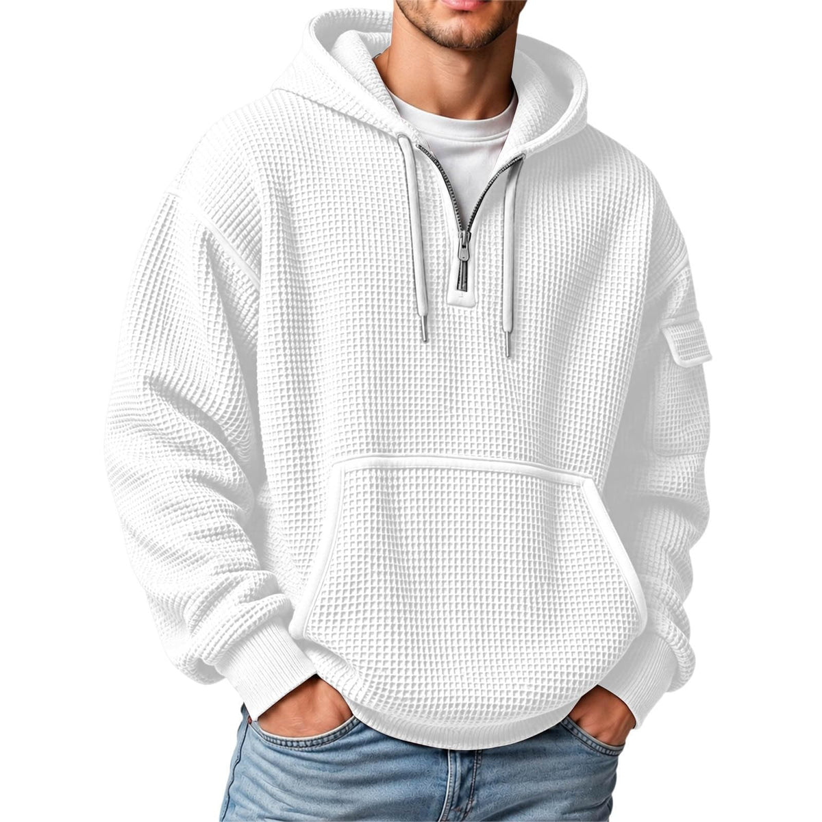 XS-5XL Men's Quarter Zip Hoodies Waffle Knit Pullover Long Sleeve Casual Sweatshirt Loose Fit Tops with Pockets