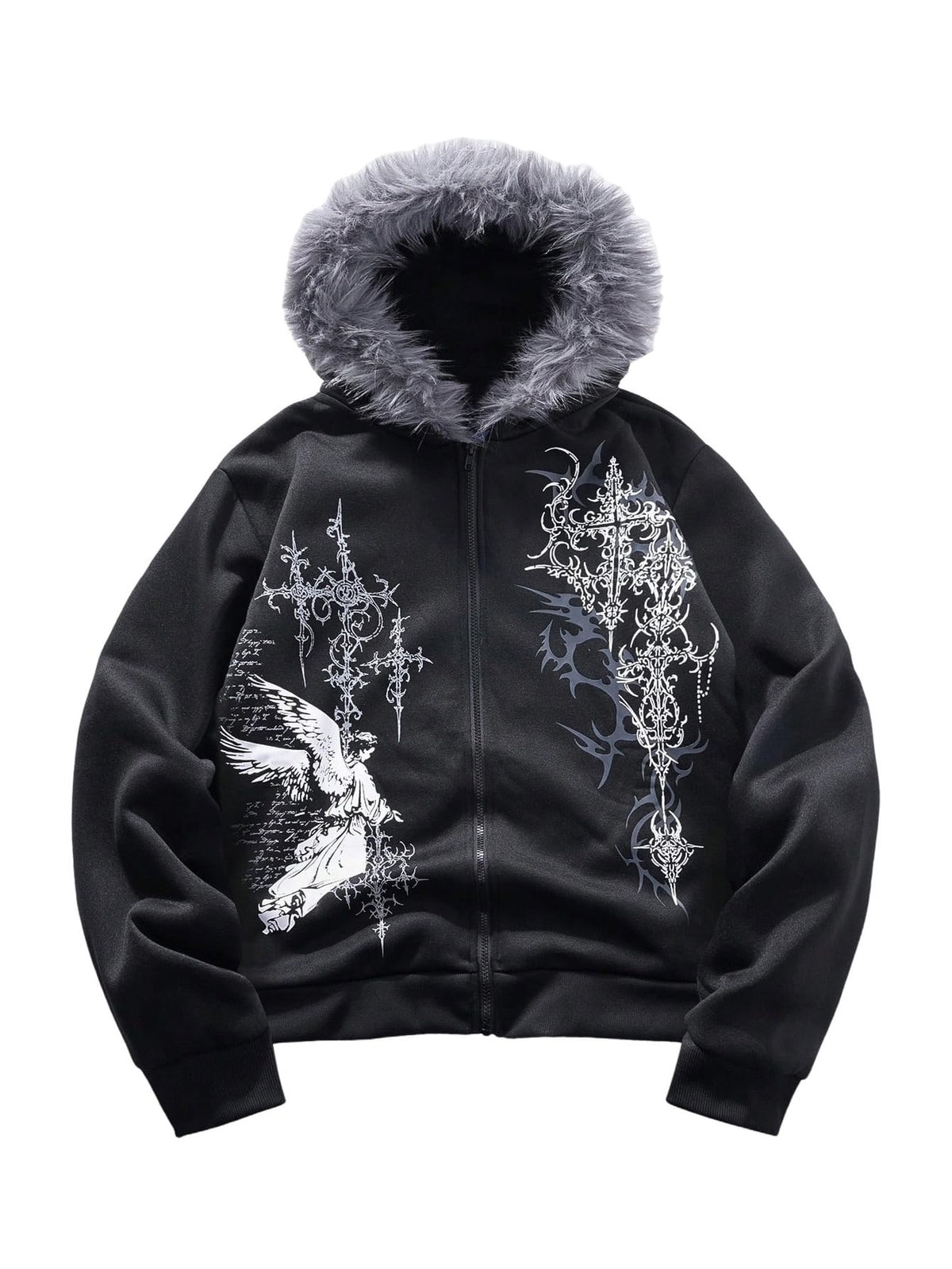 SOLY HUX Men's Y2K Grunge Zip Up Gothic Hoodie with Fur Hood