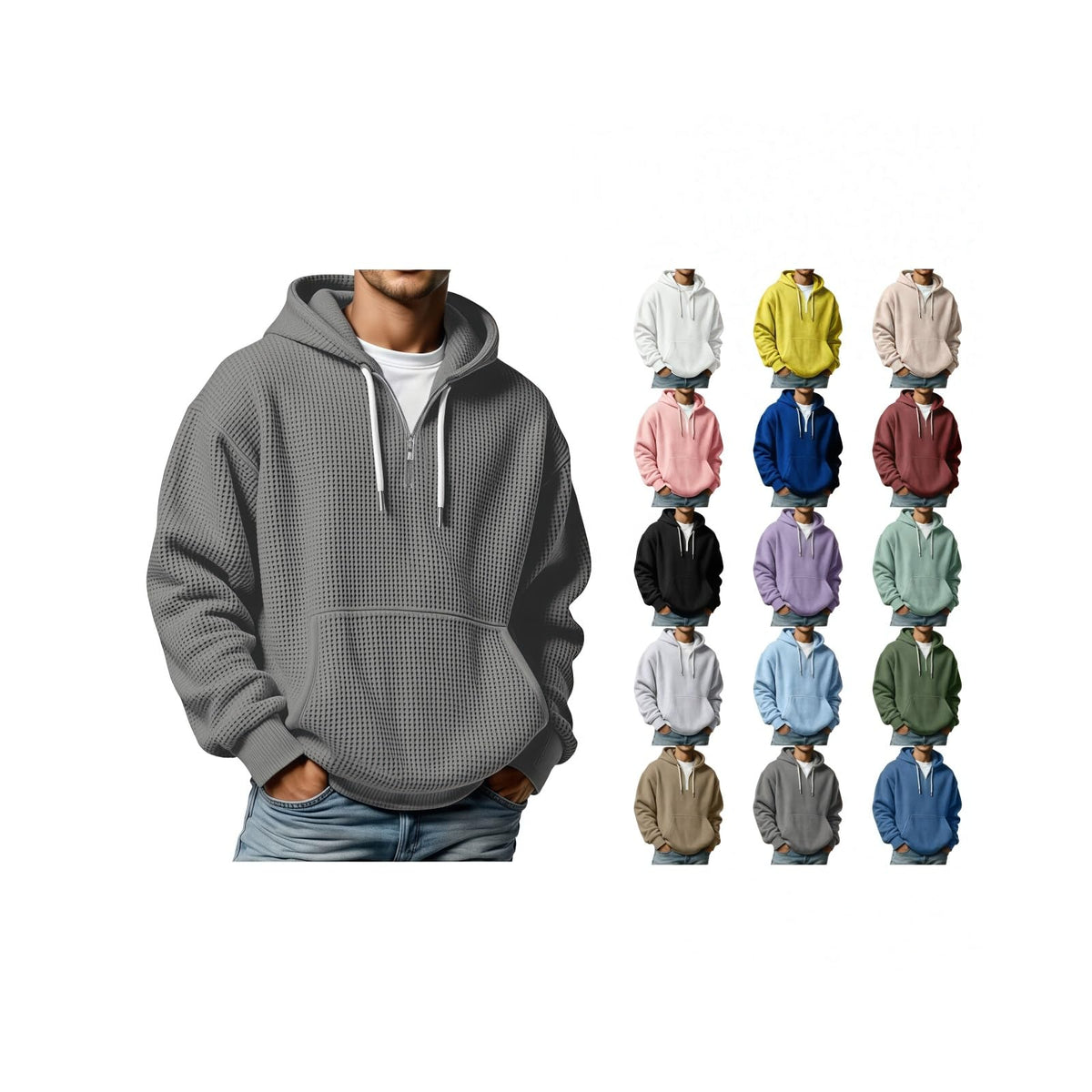 Quarter Zip Pullover Men Waffle Knit Hoodie Casual Long Sleeve Drop Shoulder Sweatshirt Fashion Loose Pullover