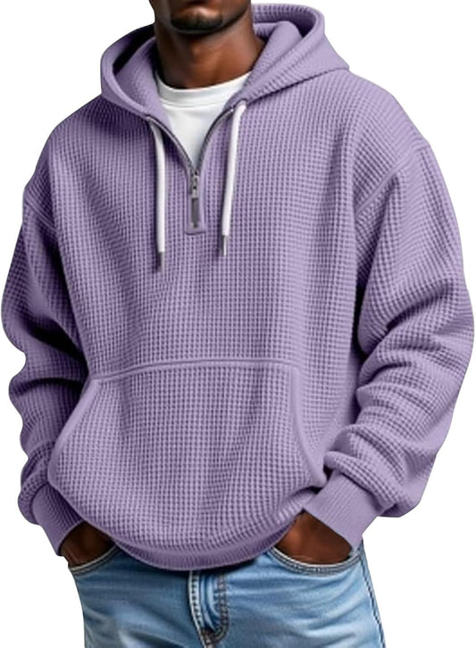Mens Hoodies Pullover Quarter Zip Casaul Long Sleeve Drawstring Waffle Knit Hooded Sweatshirt with Pocket