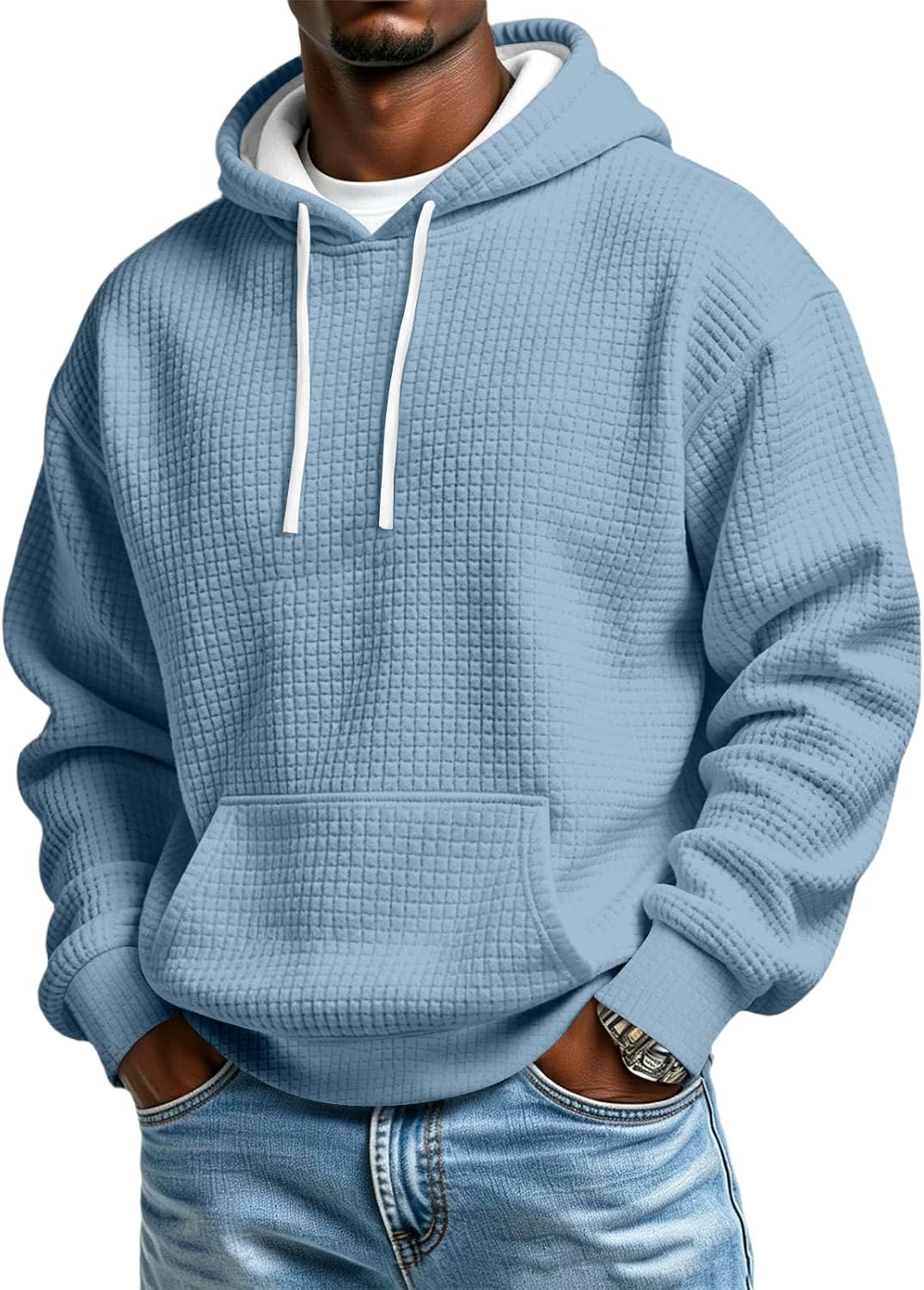 Men's Hoodie Pullover Fleece Waffle Sweatshirts Casual Plus Size Hoodie
