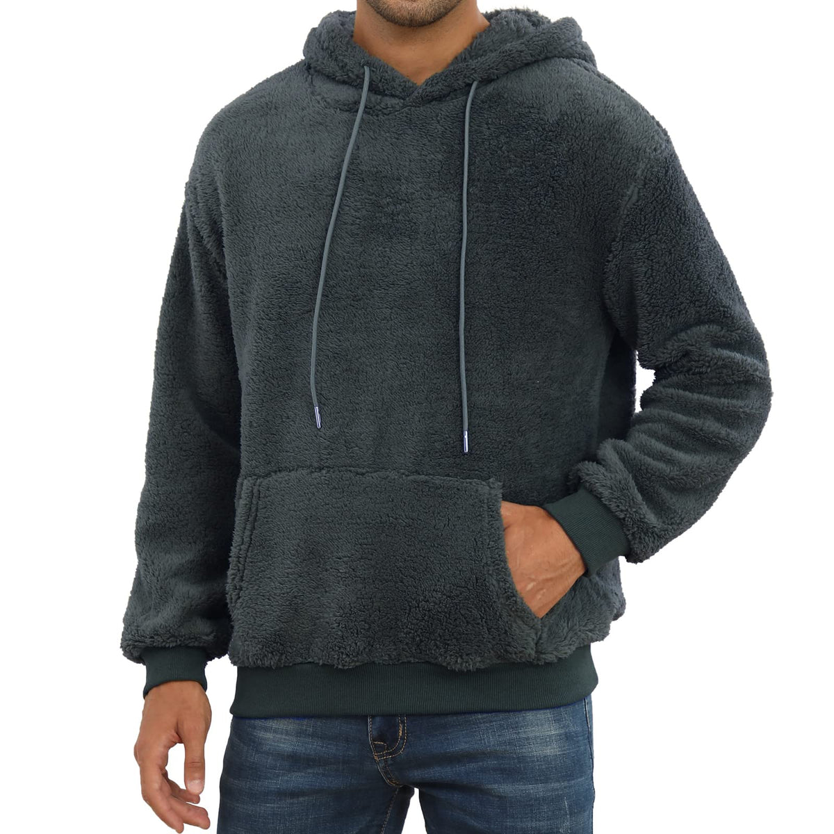 PEGENO Mens Fuzzy Sherpa Hoodie Pullover Sweatshirts Loose Cozy Pocket Long Sleeve Winter Hooded Outwear