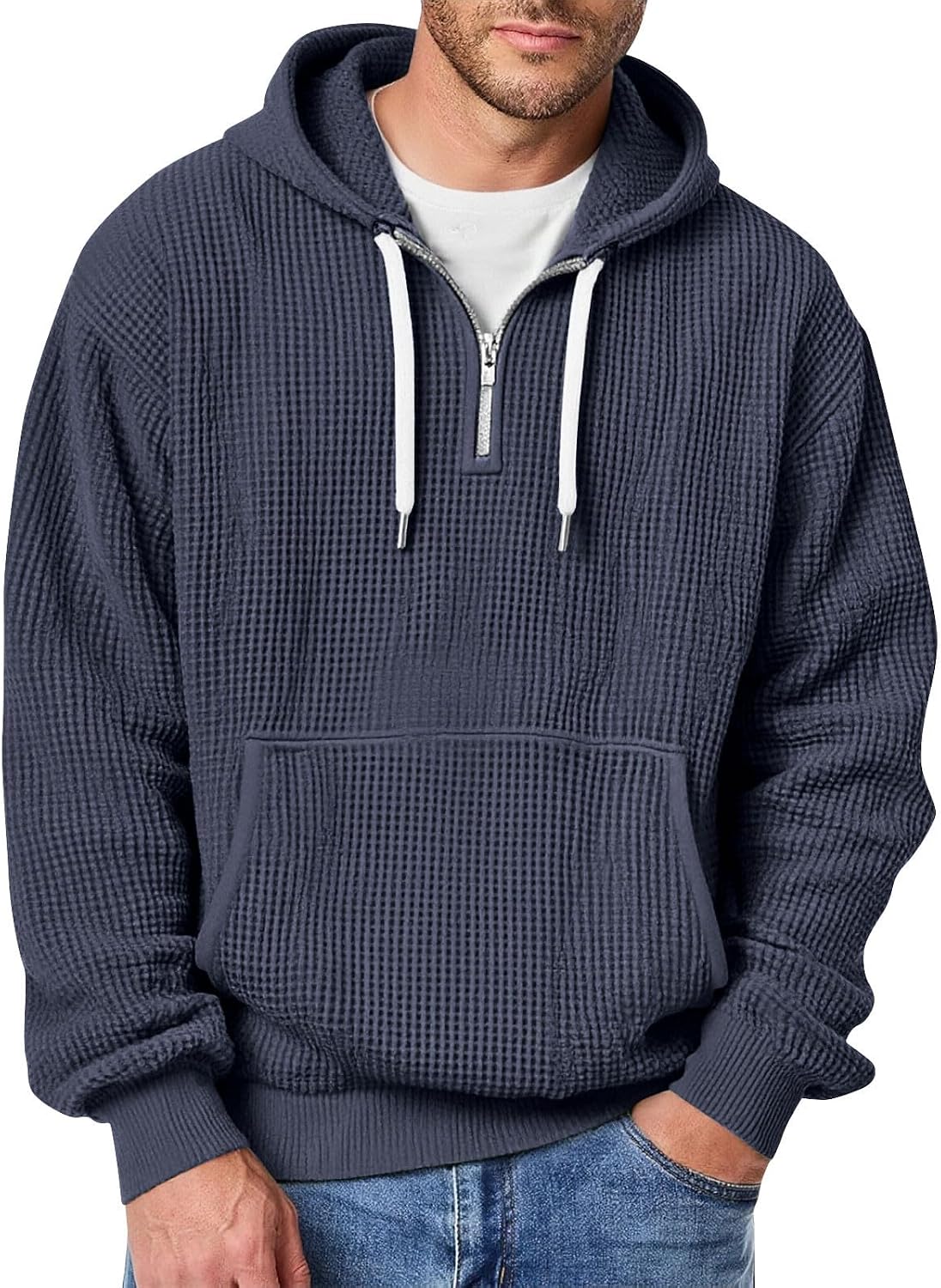 Mens Quarter Zip Hoodie Oversized Fall Waffle Knit Hooded Sweatshirt