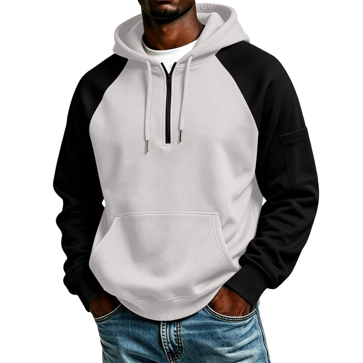 Quarter Zip Hoodies for Men Contrast Kangaroo Pocket Sweatshirt