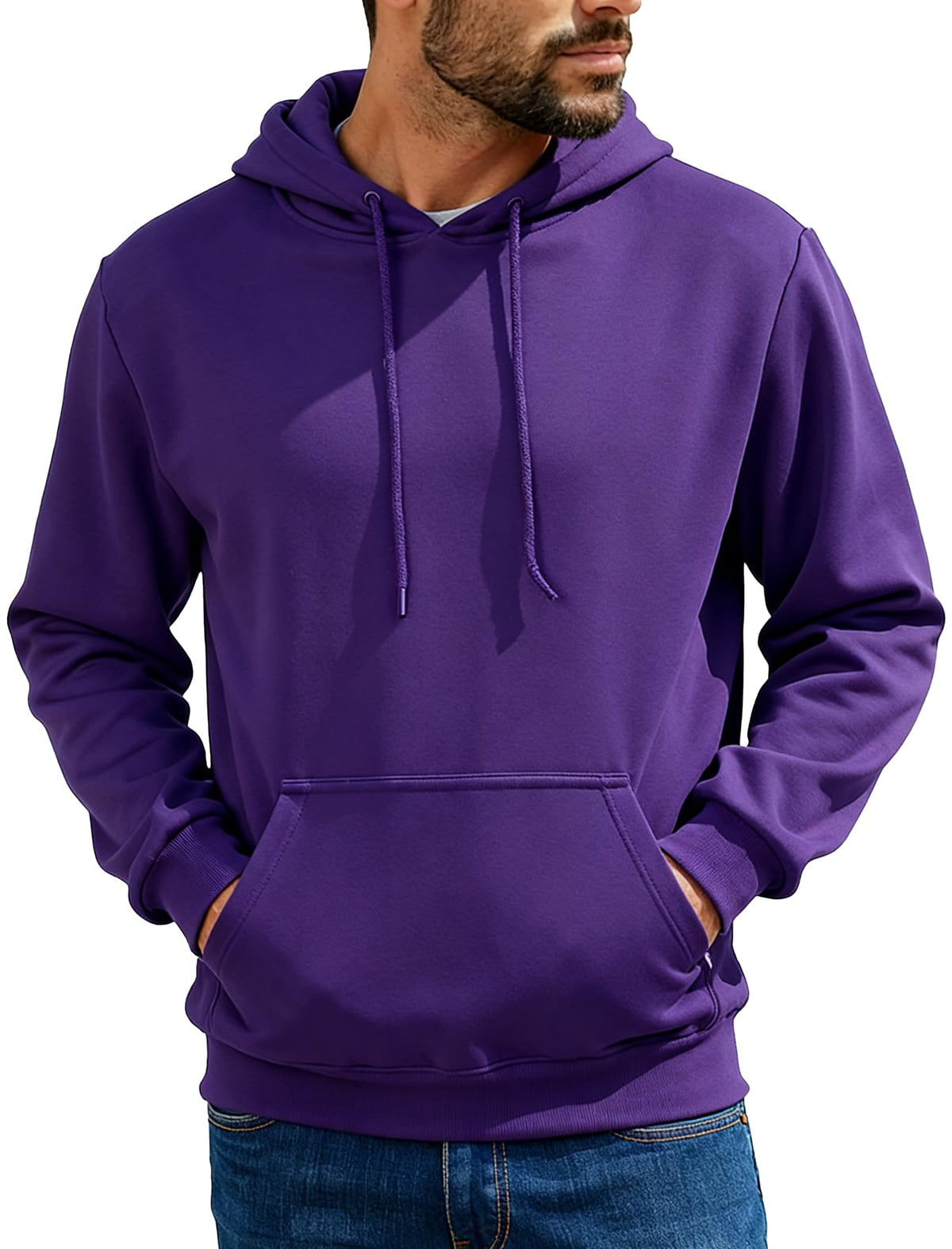 Mens Hoodies Pullover Midweight Fashion Long Sleeve Casual Hooded Sweatshirt Solid Color Fleece-Lined Hoodie