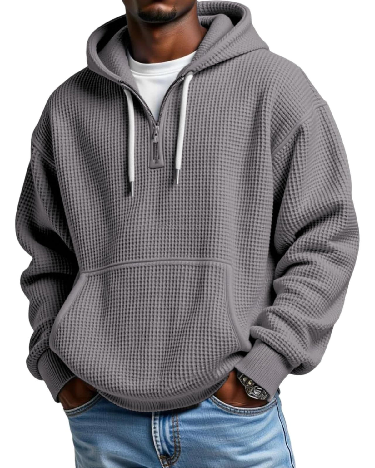 Men's Quarter Zip Waffle Hoodie Casual Pullover Sweatshirt