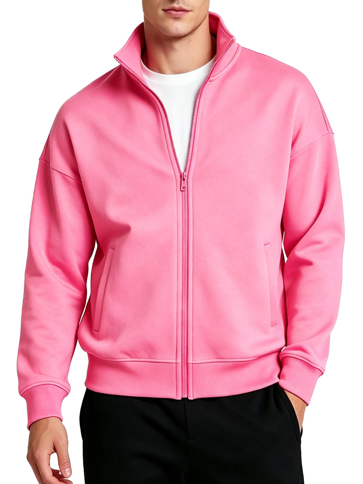 Mens Zip Up Sweatshirt No Hood Mock Neck Sweatshirts Men's Fleece Jackets Full Zip Lightweight Jacket Seam Pocket