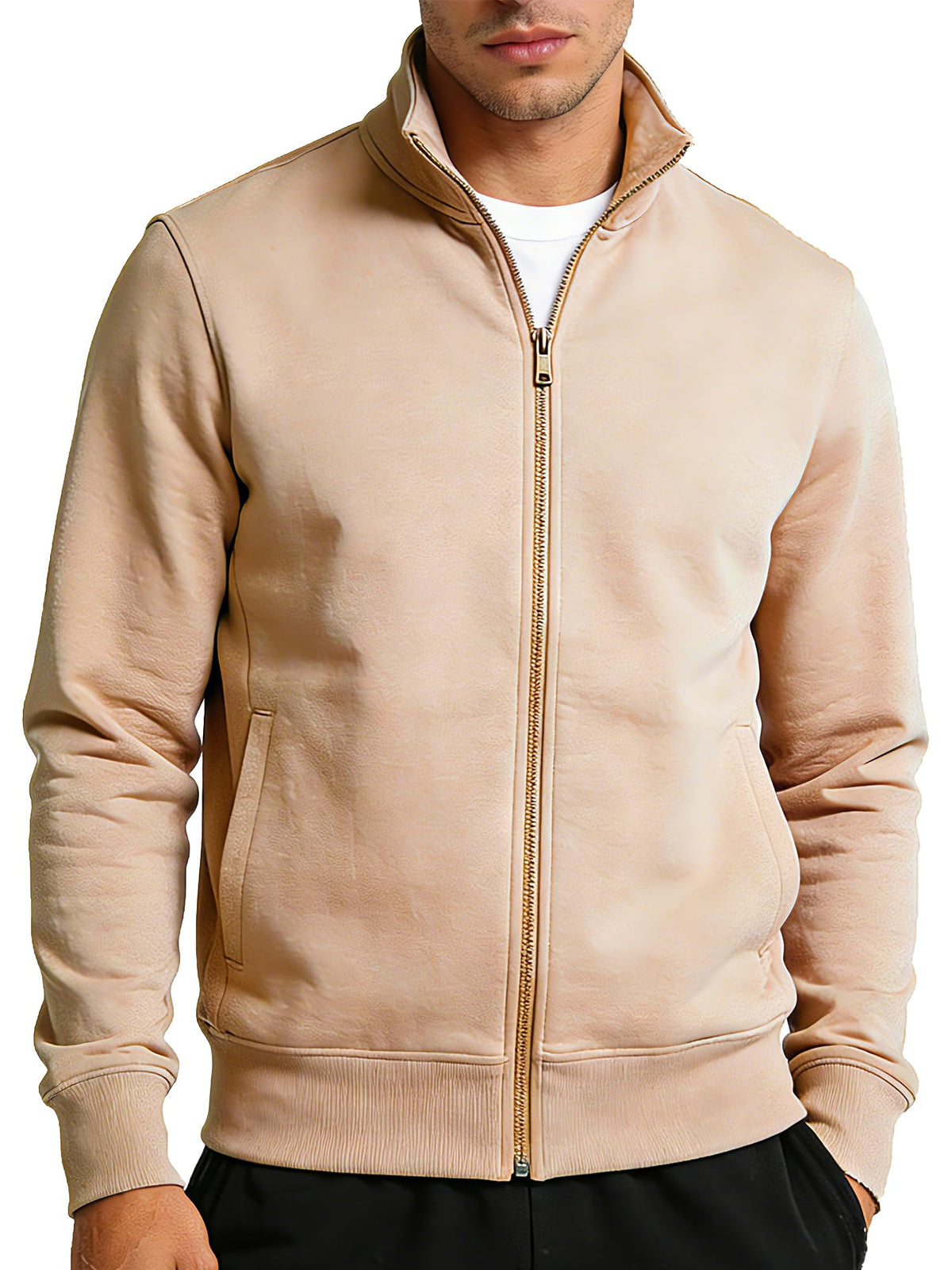 Mens Zip Up Sweatshirt No Hood Mock Neck Sweatshirts Men's Fleece Jackets Full Zip Lightweight Jacket Seam Pocket