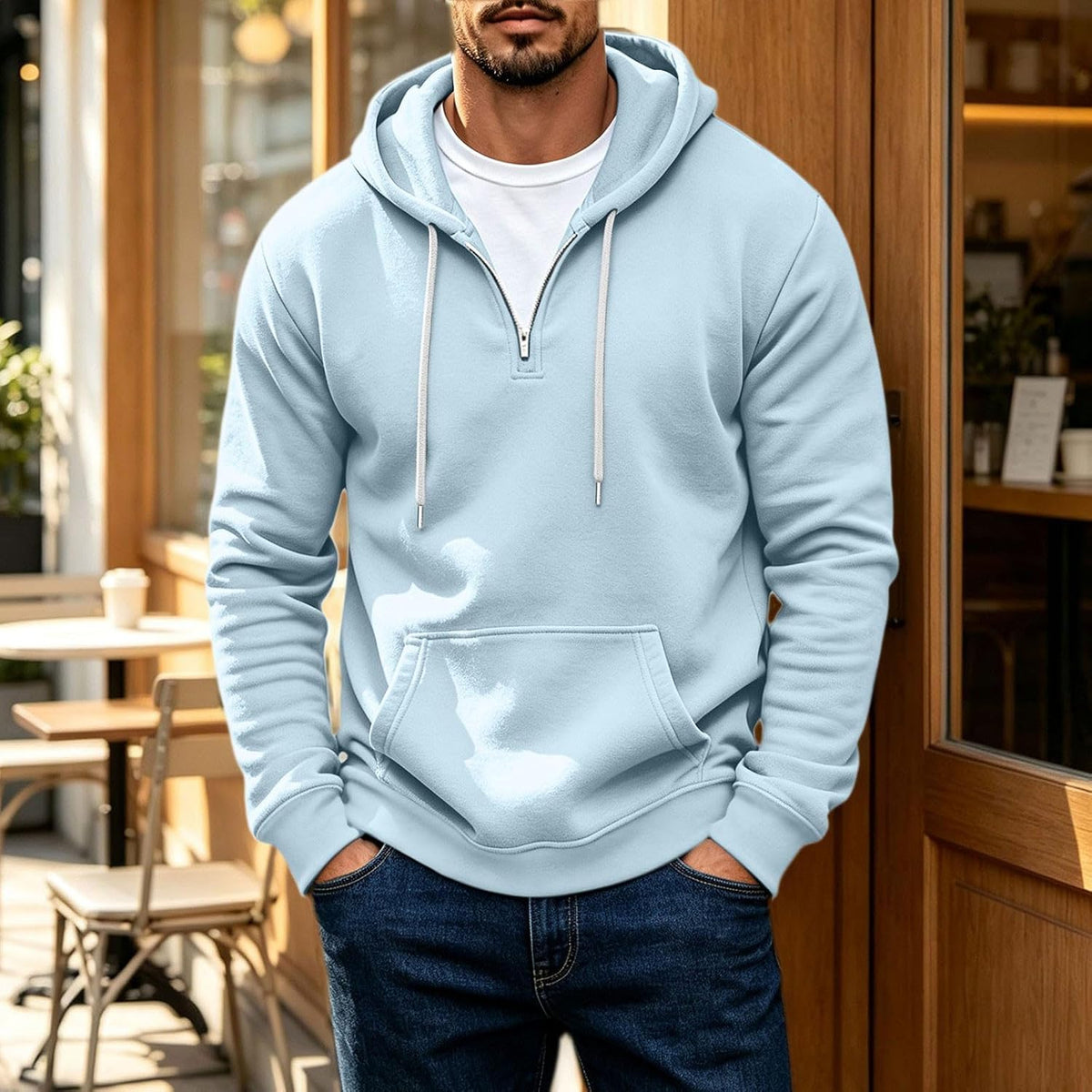 Men's Quarter Zip Hoodies Oversized Solid Pullover With Kangaroo Pocket
