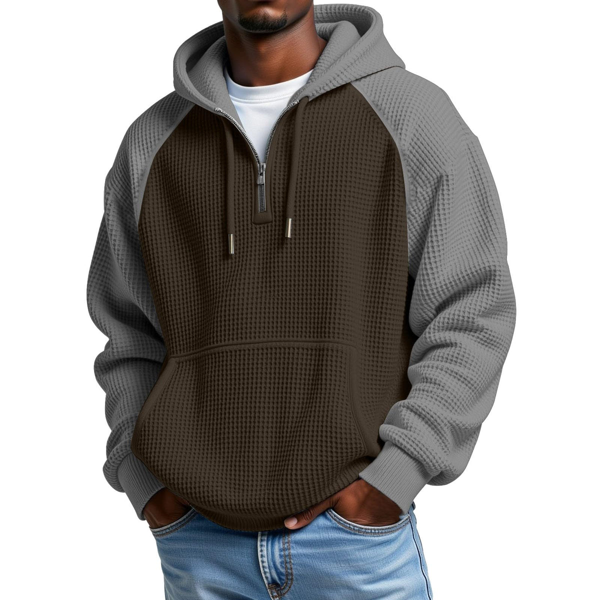 Mens Hoodies Pullover Quarter Zip Casaul Long Sleeve Drawstring Waffle Knit Hooded Sweatshirt with Pocket