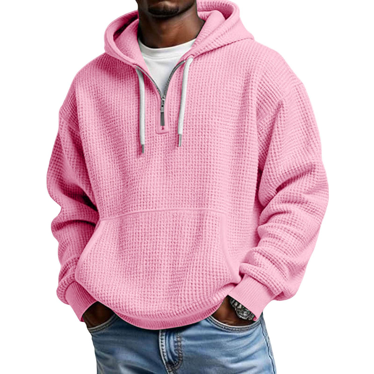 Hoodies for Men Waffle Quarter Zip Pullover Oversized Sweatshirt