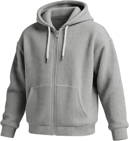 Waffle Knit Hoodies for Men Full Zip Sweatshirt Hooded Cardigan with Pocket Loose Fit Drawstring Athletic Jackets
