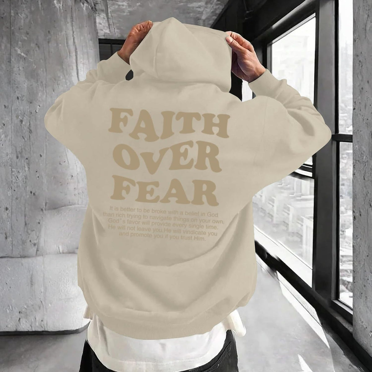 Faith Over Fear Hoodie Men Christian Jesus Sweatshirts Bible Verse Graphic Hoodies Inspirational Streetwear Pullover