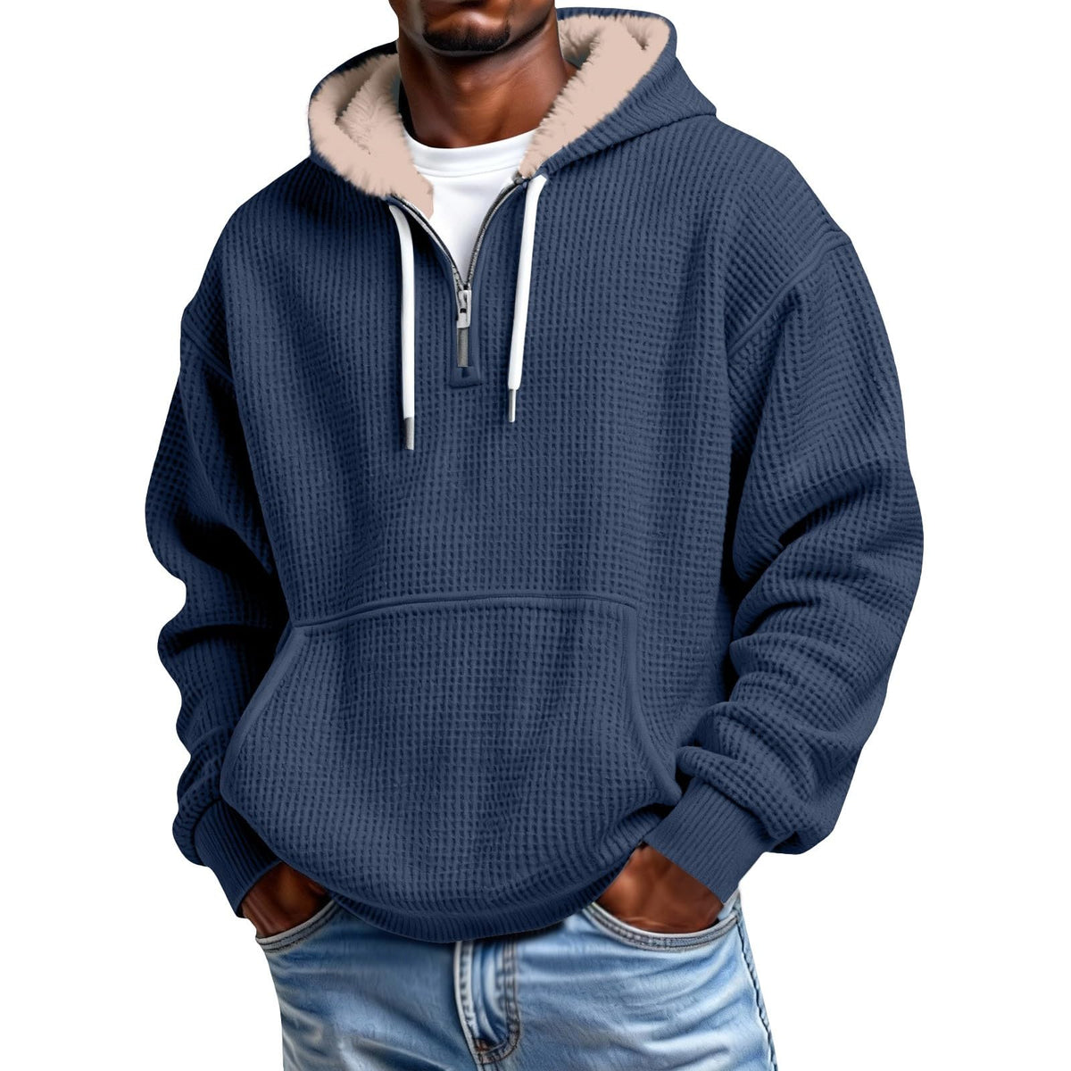 Mens Hoodies Pullover Quarter Zip Casaul Long Sleeve Drawstring Waffle Knit Hooded Sweatshirt with Pocket