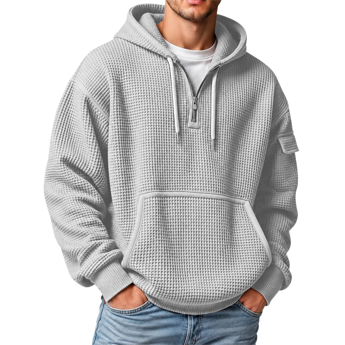 XS-5XL Men's Quarter Zip Hoodies Waffle Knit Pullover Long Sleeve Casual Sweatshirt Loose Fit Tops with Pockets