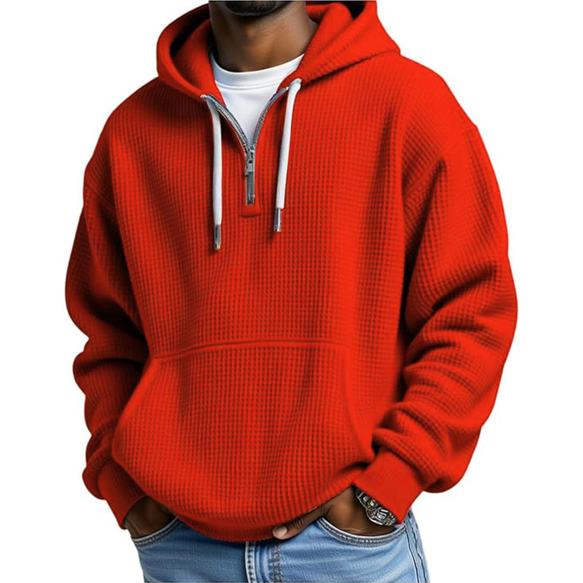 Hoodies for Men Waffle Quarter Zip Pullover Oversized Sweatshirt