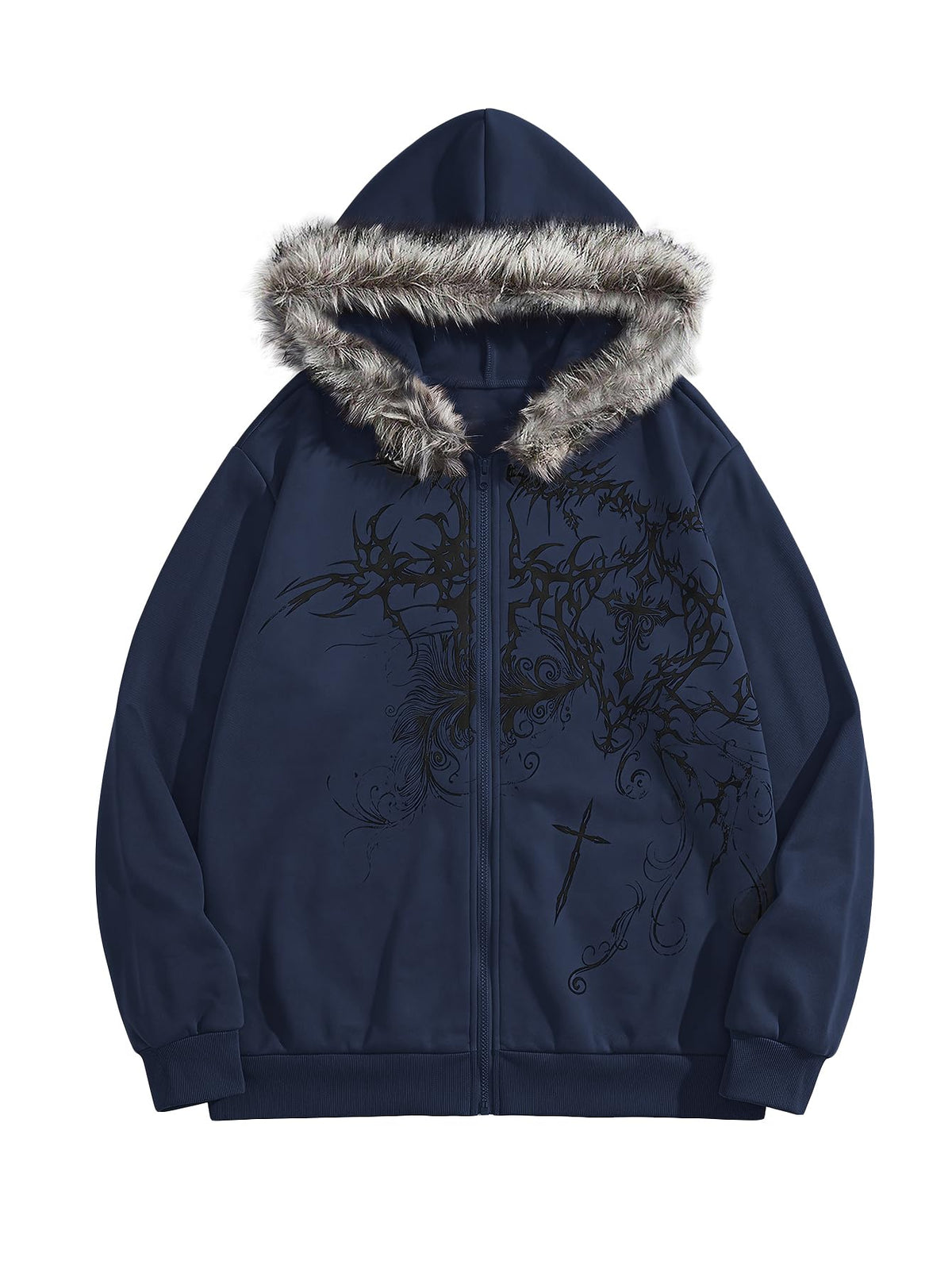 SOLY HUX Men's Y2K Grunge Zip Up Gothic Hoodie with Fur Hood