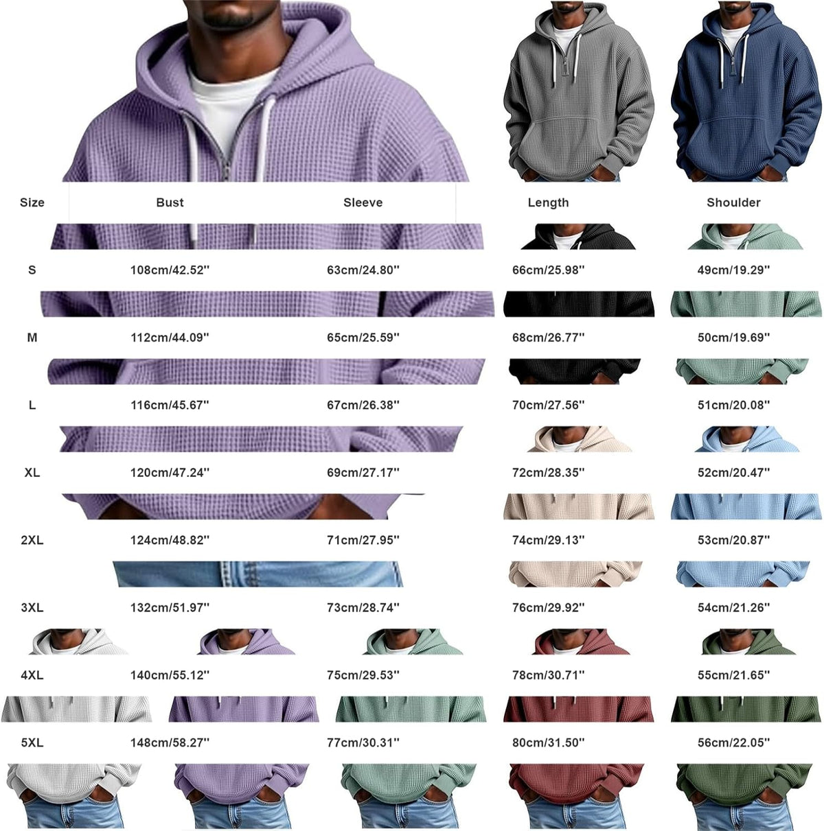 Mens Hoodies Pullover Quarter Zip Casaul Long Sleeve Drawstring Waffle Knit Hooded Sweatshirt with Pocket