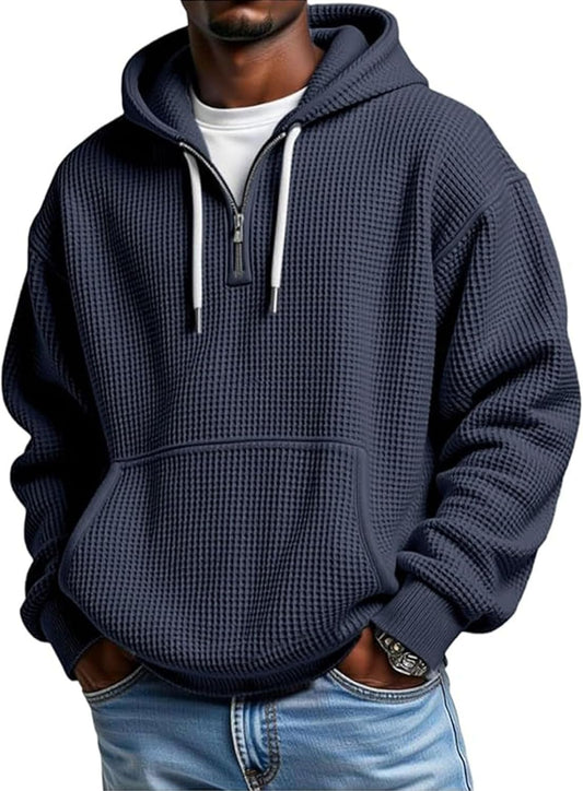 Mens Quarter Zip Hoodie Oversized Fall Waffle Knit Hooded Sweatshirt