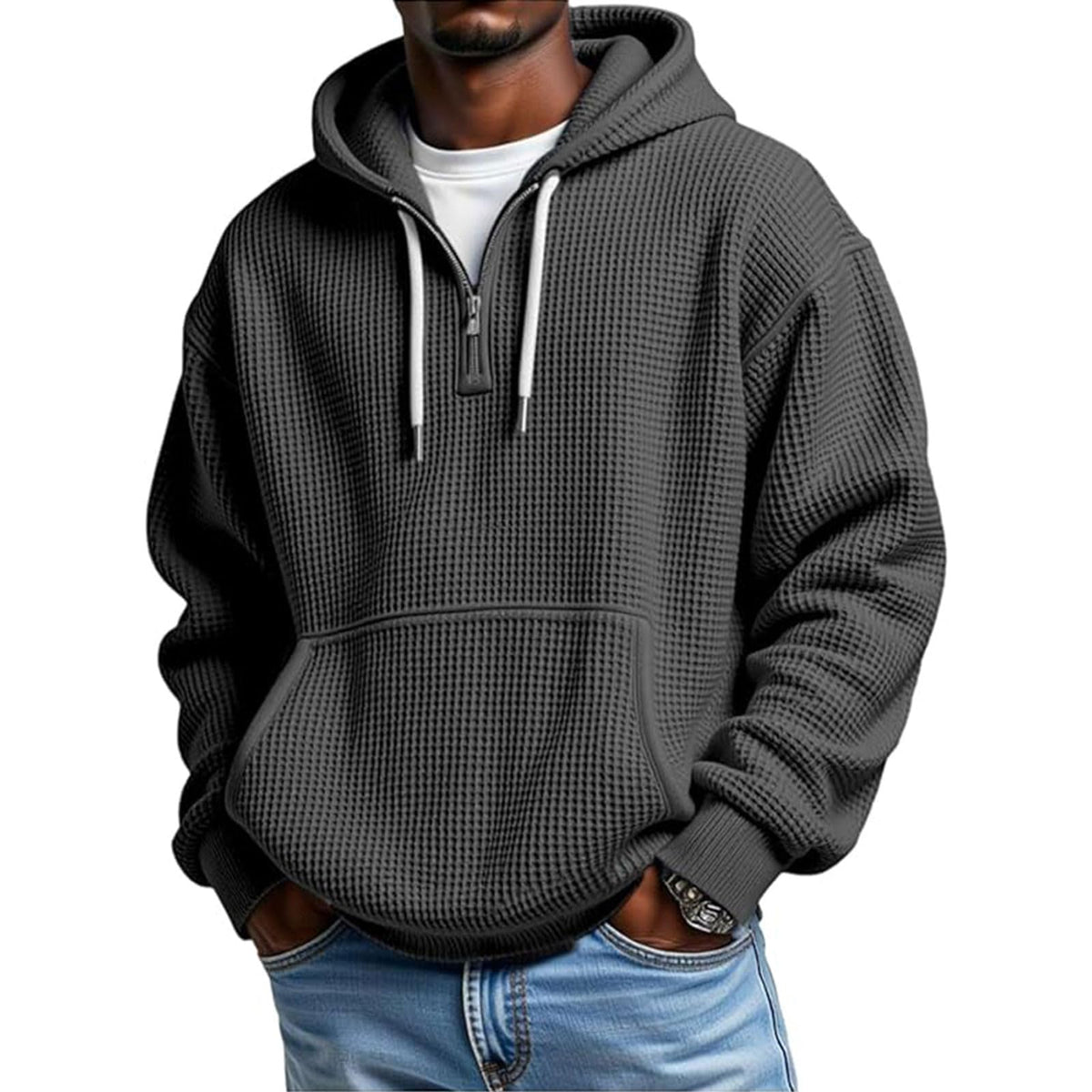 Mens Quarter Zip Hoodie Oversized Fall Waffle Knit Hooded Sweatshirt