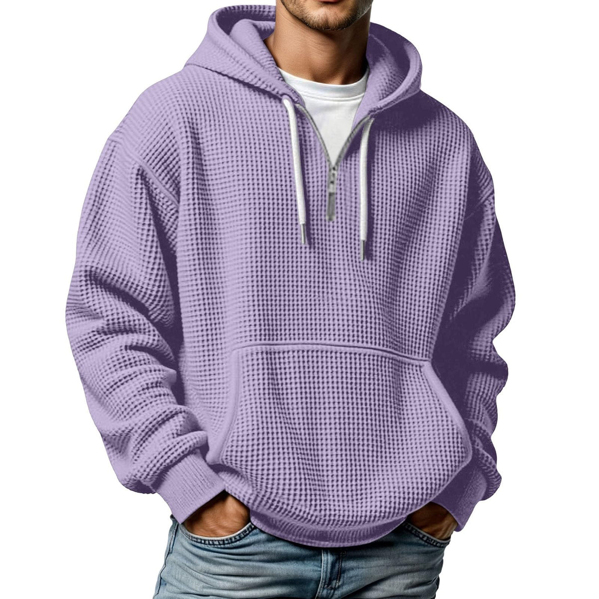 Quarter Zip Pullover Men Waffle Knit Hoodie Casual Long Sleeve Drop Shoulder Sweatshirt Fashion Loose Pullover