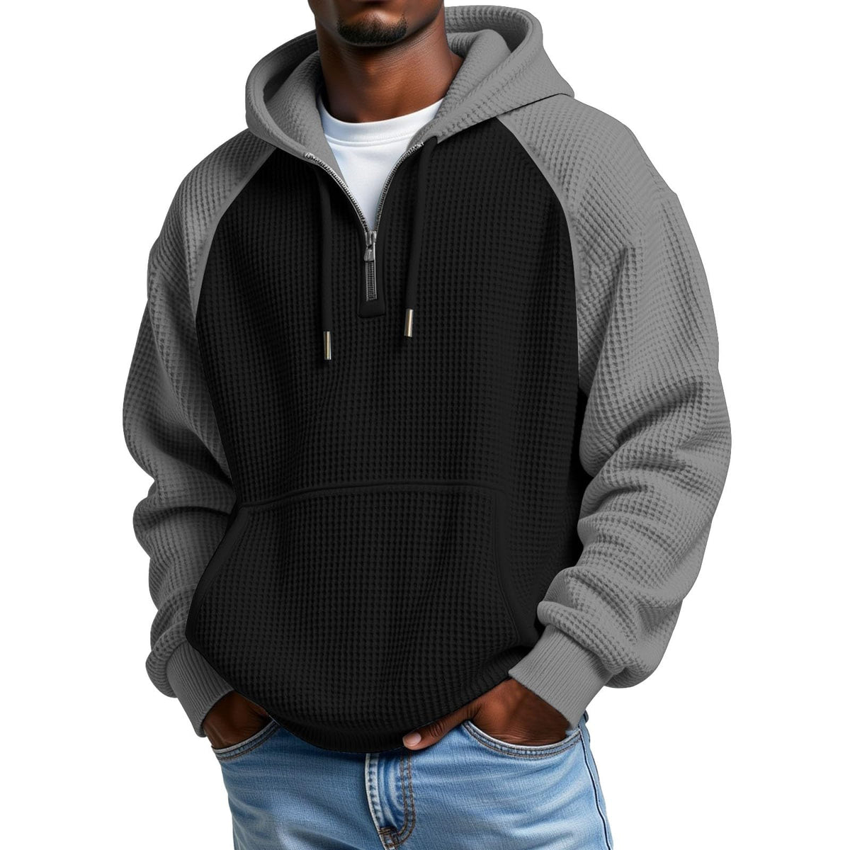 Mens Hoodies Pullover Quarter Zip Casaul Long Sleeve Drawstring Waffle Knit Hooded Sweatshirt with Pocket