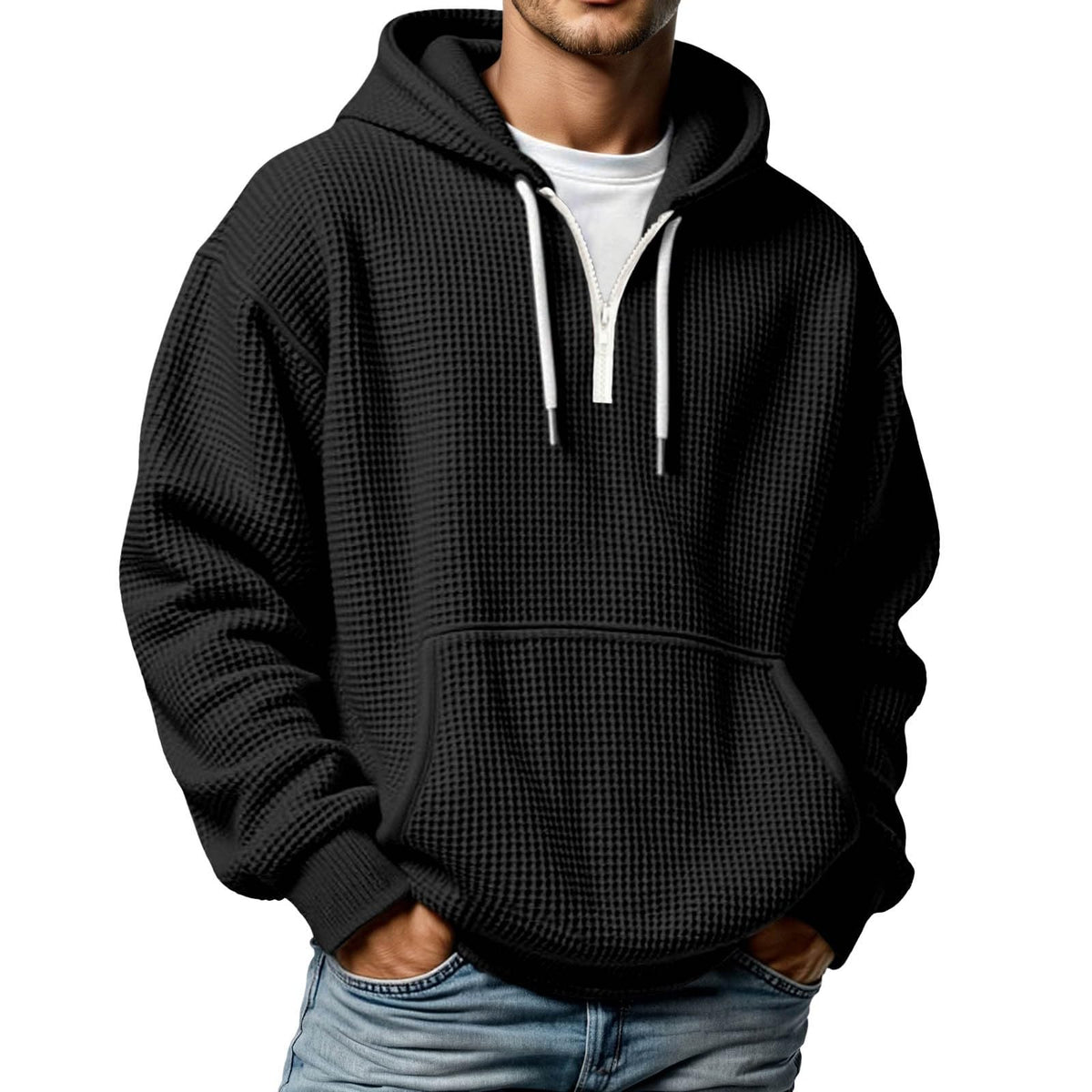 Quarter Zip Pullover Men Waffle Knit Hoodie Casual Long Sleeve Drop Shoulder Sweatshirt Fashion Loose Pullover