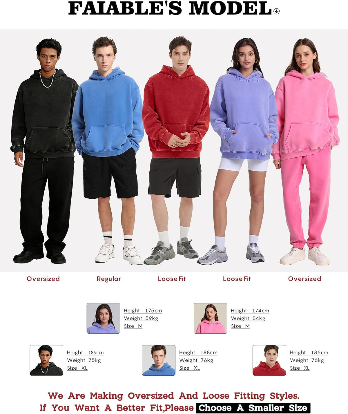 FAIABLE Mens Hoodies Oversized Unisex Acid Wash Hoodie Heavyweight Fleece Vintage Cotton Sweatshirt Men Women Streetwear